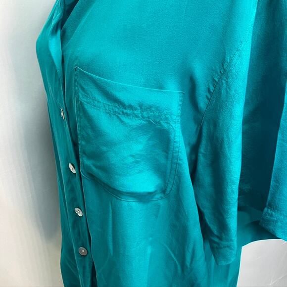 Vintage 80's Casual Corner 100% Silk Teal Button Up Short Sleeve blouse Womens M - Picture 9 of 16